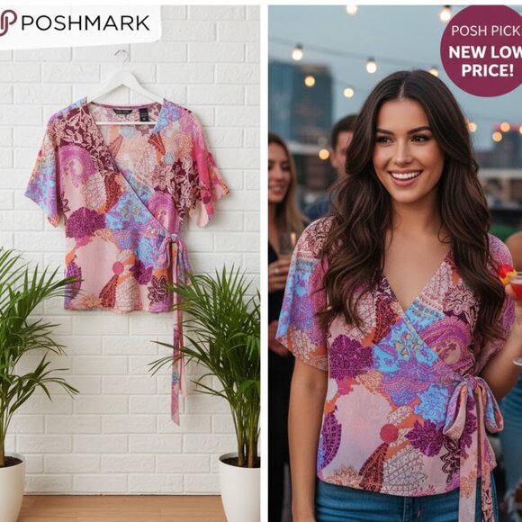 New York & Company Small bohemian lightly beaded top with tie back - Picture 1 of 5